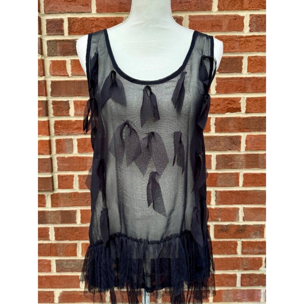 A'reve Anthropologie Sheer Bowknot Tunic Bow & Ruffle Front Sleeveless Romantic